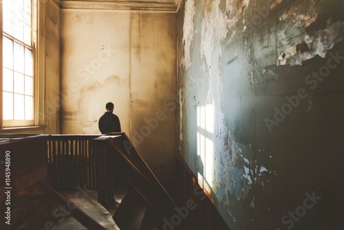 A person sits on the stairs of an old building, providing a sense of nostalgia and history photo