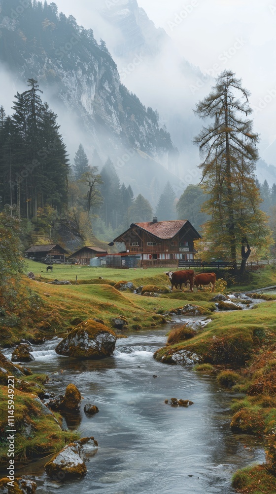 Naklejka premium View of a farm with rural scene, mountain, mist, cow, and river flow.