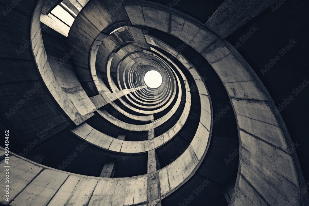 Fototapeta premium A spiral staircase leading up with a light at the end, perfect for interior design or architecture photos