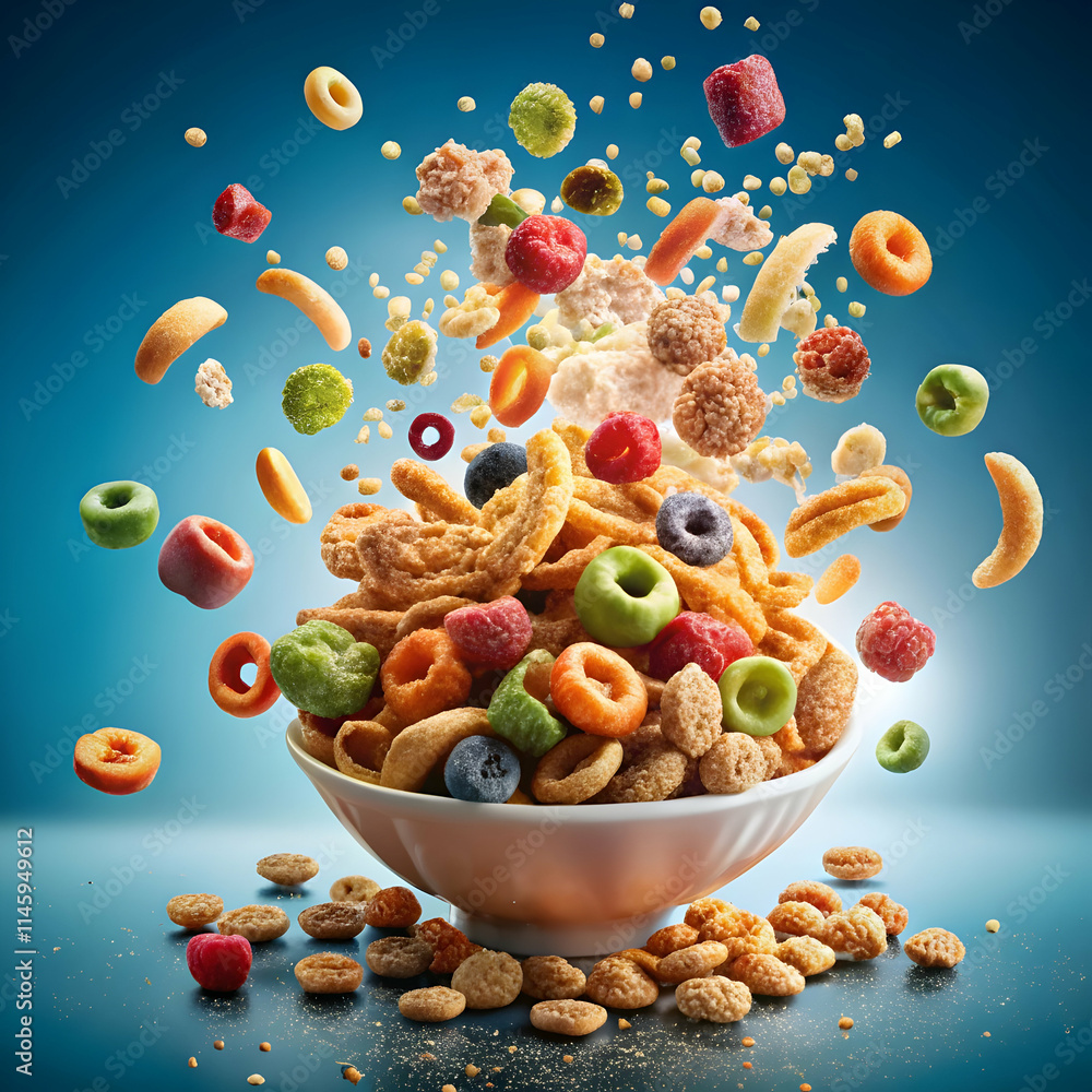 freeze motion of flying group of cereal breakfast freeze motion of flying group of cereal breakfast