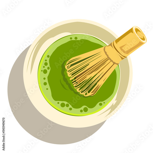 Illustration of Matcha Tea Preparation with Whisk