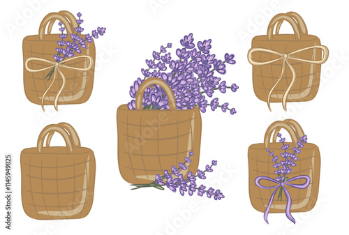 Hand drawn set of eco friendly bags filled with lavender flowers in a creative arrangement