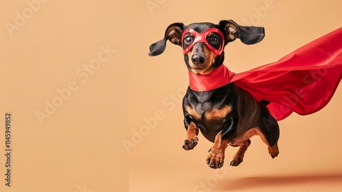 Flying brave dachshund in superhero costume with red cape and superhero mask isolated on beige background with copy space. Super hero winner concept.