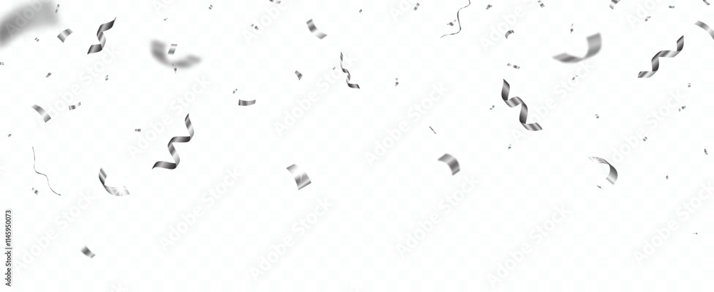 Fototapeta premium Falling shiny silver confetti and ribbons celebration party design element