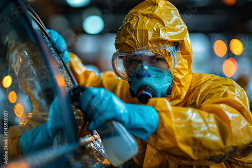 Close-up of a person wearing protective gear, costume, hazmat suit, mask, and goggles generative AI photo