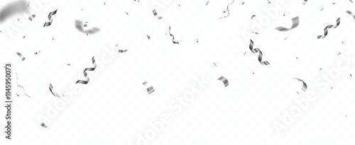Falling shiny silver confetti and ribbons celebration party design element