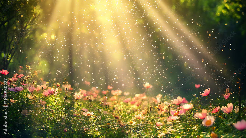 Obraz premium Sunbeams Through a Flower Meadow: A magical scene where sunlight streams through a lush forest, illuminating a field of delicate pink flowers. The image evokes a sense of tranquility and wonder. 