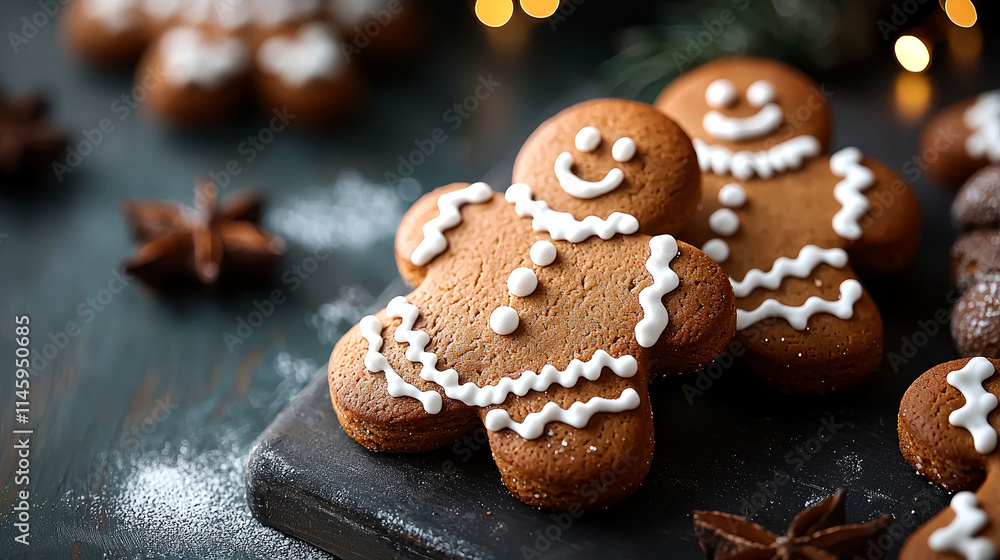 Two iced gingerbread men cookies on dark surface with anise stars. Two iced gingerbread men cookies on dark surface with anise stars.
