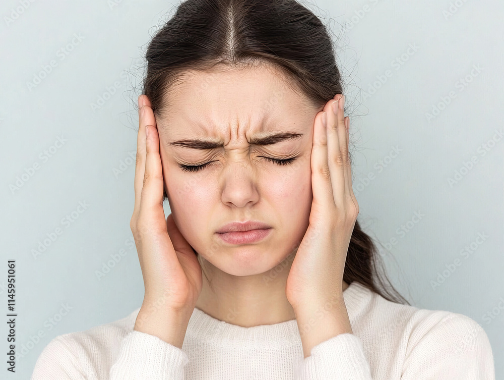 Young woman suffering from severe headache, pressing fingers to temples with pained expression Young woman suffering from severe headache, pressing fingers to temples with pained expression