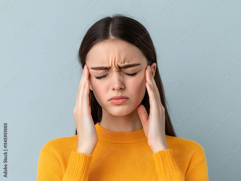 Young woman in yellow sweater suffering from severe headache, pressing fingers to her temples with pained expression Young woman in yellow sweater suffering from severe headache, pressing fingers to her temples with pained expression