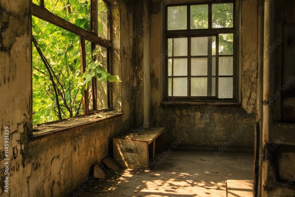 Obraz premium A quiet room with a large window and a comfortable bench inside