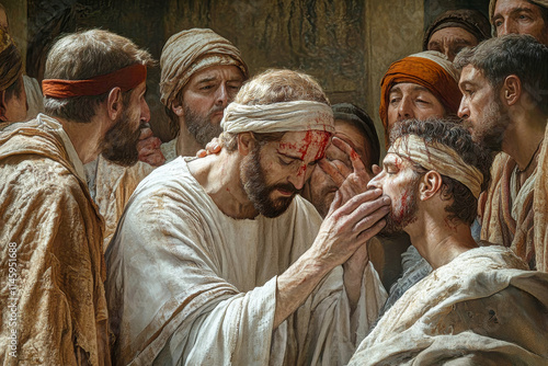 Healing the blind man through divine compassion in an ancient setting surrounded by devoted followers photo