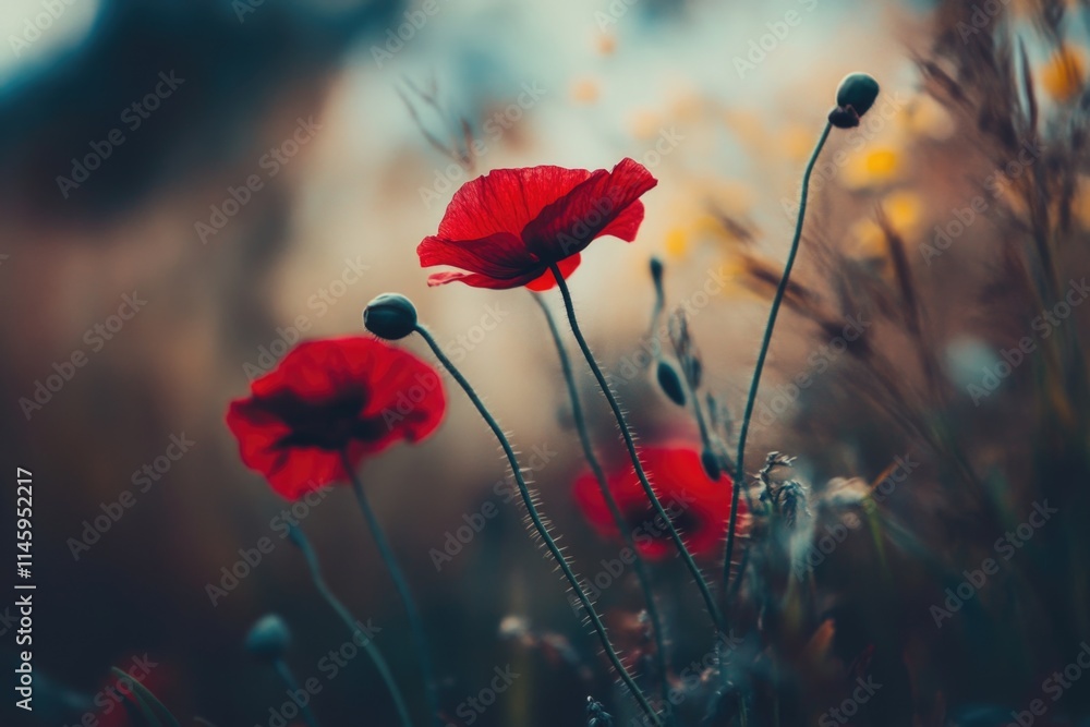Obraz premium A vibrant bouquet of red poppies growing amidst a lush green field