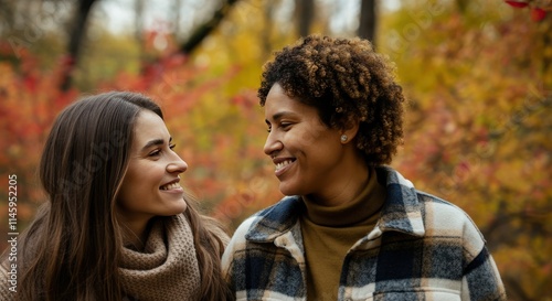 Autumn connection between diverse young women in scenic park