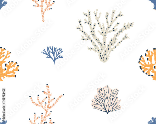 Seamless coral reef pattern. Marine design with sea branches, seaweeds. Endless repeating background, ocean print for wrapping paper, fabric, wallpaper. Repeatable texture. Flat vector illustration