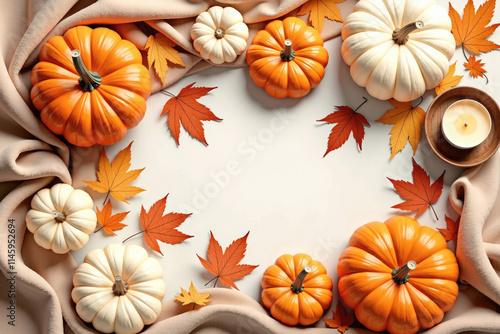 Autumn frame with pumpkins and maple leaves on beige background