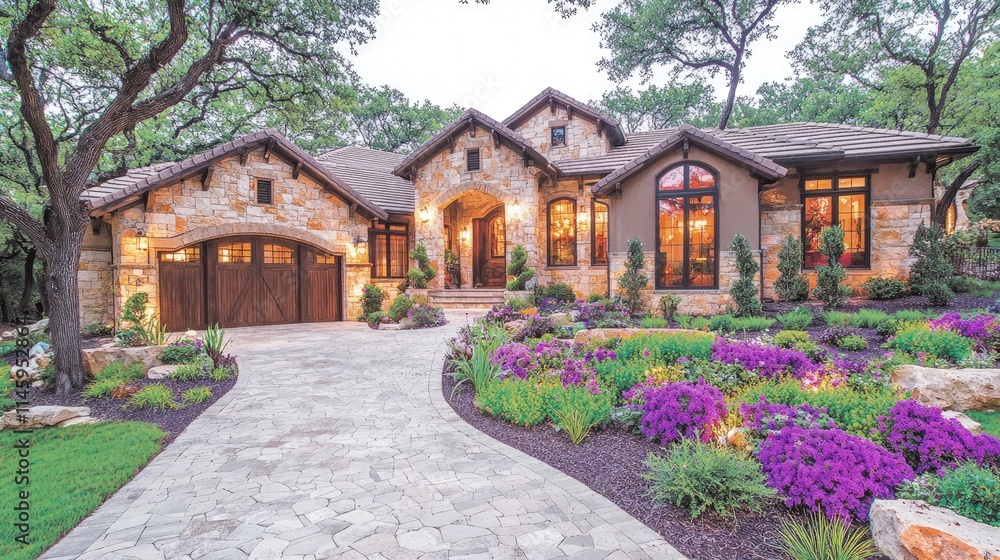 Luxurious stone house with landscaped gardens and driveway. Luxurious stone house with landscaped gardens and driveway.