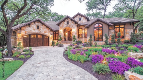 Luxurious stone house with landscaped gardens and driveway.