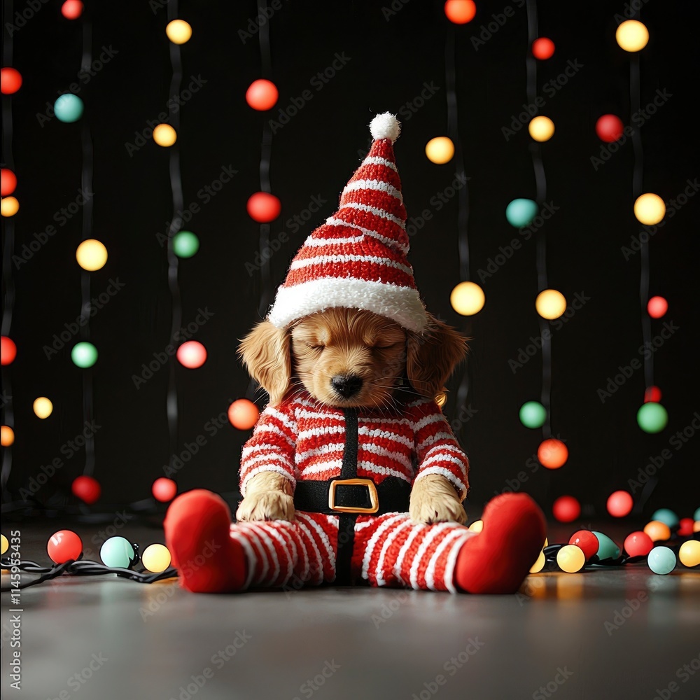 Adorable Golden Retriever Puppy in Santa Outfit with Christmas Lights Adorable Golden Retriever Puppy in Santa Outfit with Christmas Lights