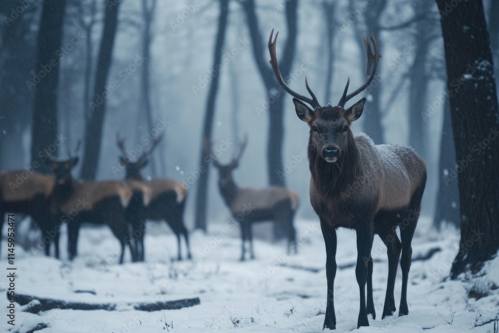 A group of deer are seen standing on the top of a snow-covered forest, surrounded by trees and dense foliage