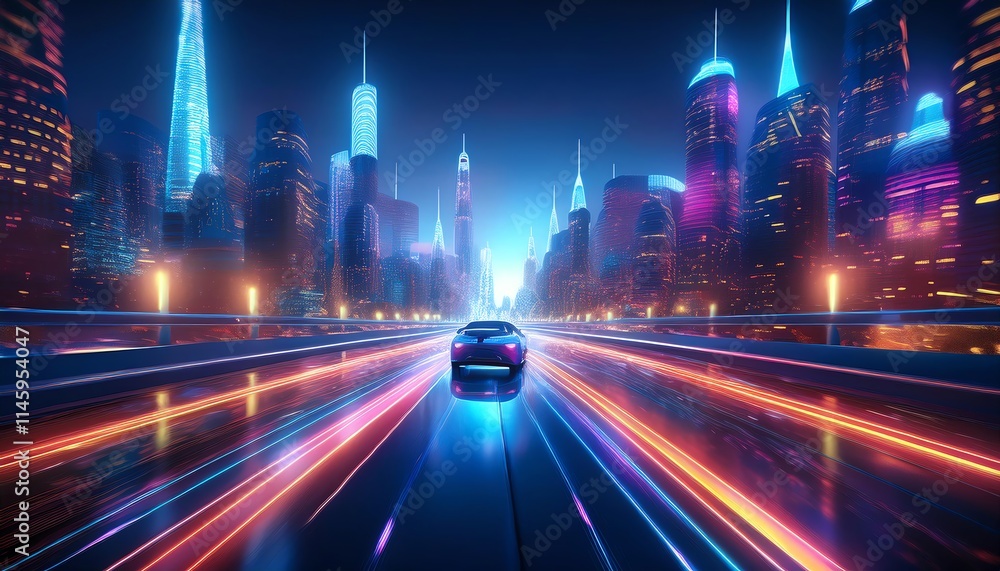 A futuristic cityscape at night, featuring a glowing car navigating vibrant, illuminated streets amidst towering skyscrapers. A futuristic cityscape at night, featuring a glowing car navigating vibrant, illuminated streets amidst towering skyscrapers.