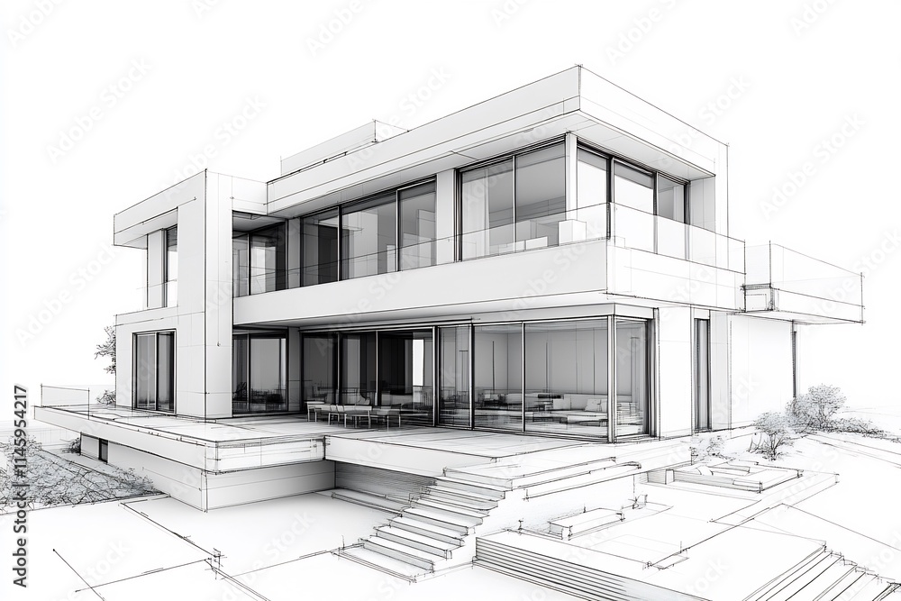 Blueprint drawing of modern home detailed floor plans structural elements on a white background minimalist architectural design Blueprint drawing of modern home detailed floor plans structural elements on a white background minimalist architectural design