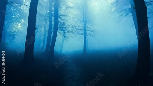 Mysterious Foggy Forest with Tall Trees and Ethereal Blue Hues Creating a Dreamlike Atmosphere at Dusk