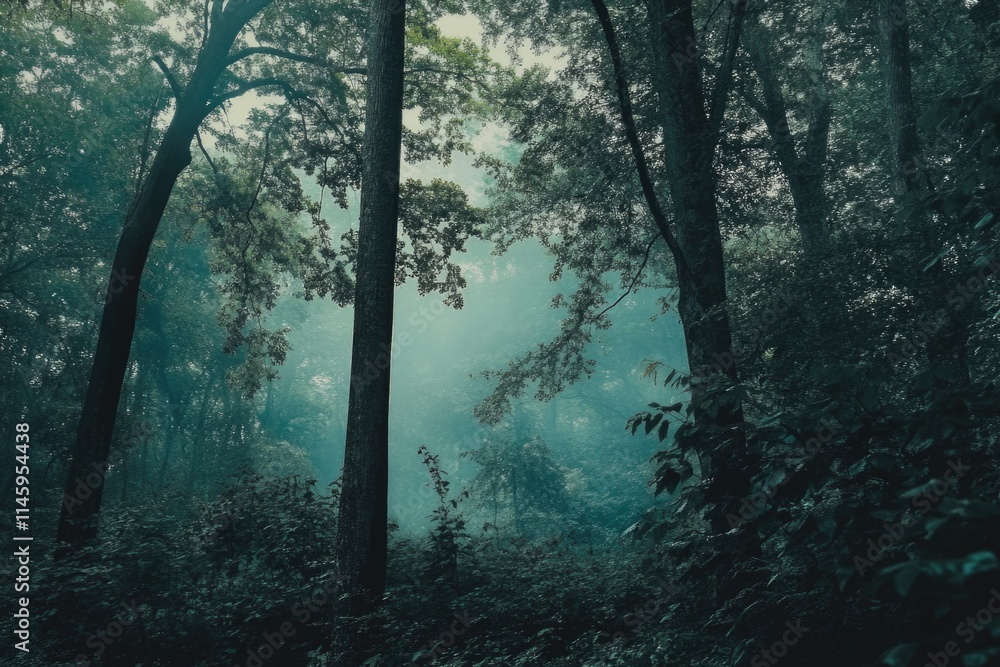 A dense forest with lush green trees and foliage A dense forest with lush green trees and foliage