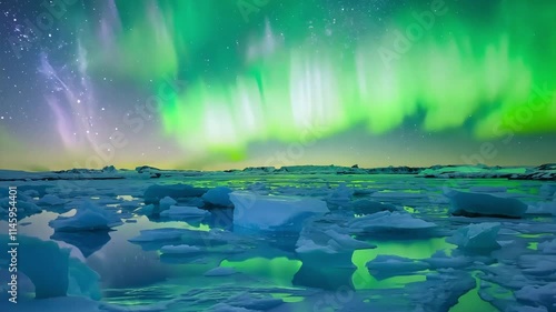 Captivating Northern Lights Illuminating Icebergs on a Tranquil Arctic Night Sky