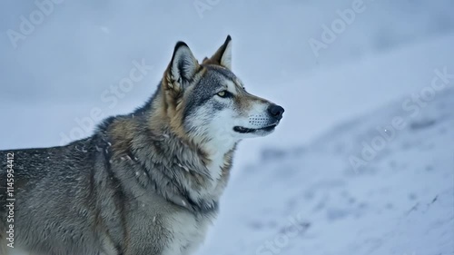 Majestic and Wild Gray Wolf in a Winter Landscape with Snow-Covered Terrain and Soft Snowflakes in the Air