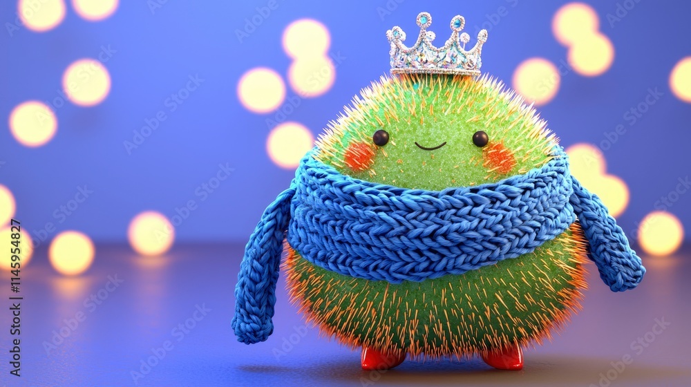 Adorable 3D Render of a Spiky Green Creature Wearing a Knit Scarf and Crown Against a Festive Bokeh Adorable 3D Render of a Spiky Green Creature Wearing a Knit Scarf and Crown Against a Festive Bokeh