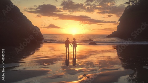 A romantic sunset scene with two people holding hands on a beach, their silhouettes captured against the warm glow of the setting sun, symbolizing the beauty of love