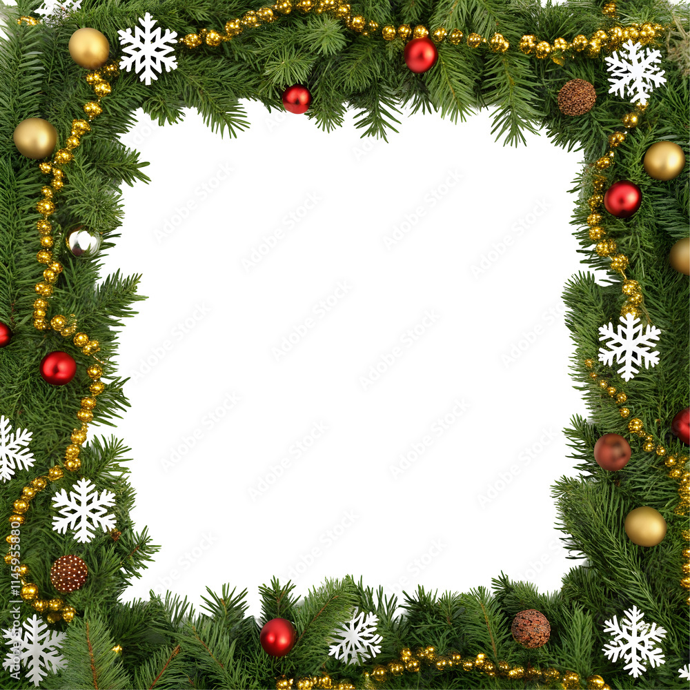 Baubles and Christmas wreath frame, holidays card, 3d render. Baubles and Christmas wreath frame, holidays card, 3d render.