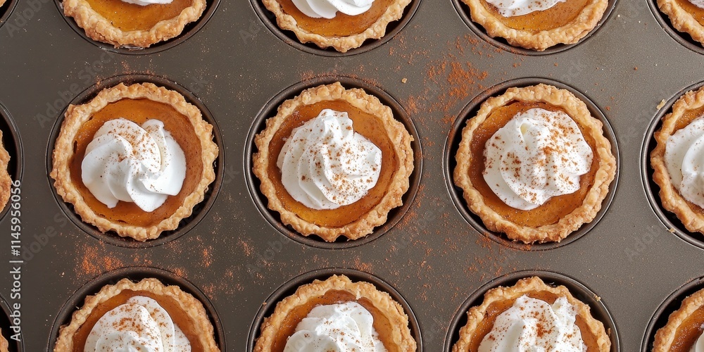Delicious mini pumpkin pies adorned with whipped cream and spices, all baked in a muffin tin. This top view showcases the mini pumpkin pies perfectly, bringing festive flavors to your table. Delicious mini pumpkin pies adorned with whipped cream and spices, all baked in a muffin tin. This top view showcases the mini pumpkin pies perfectly, bringing festive flavors to your table.