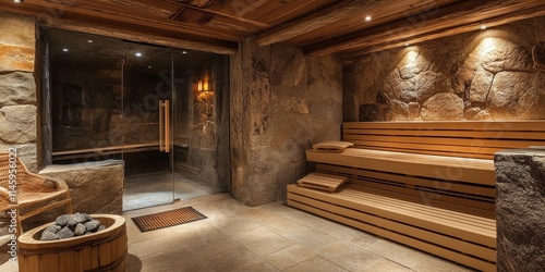 Wallpaper Mural Sauna room designed for health benefits featuring a stone heater. This sauna room includes traditional sauna accessories, creating the perfect environment for relaxation in the sauna room. Torontodigital.ca