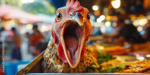 A decapitated chicken head, with its mouth wide open, is displayed at a food stall during a carnival, while the background appears blurred and out of focus. photo