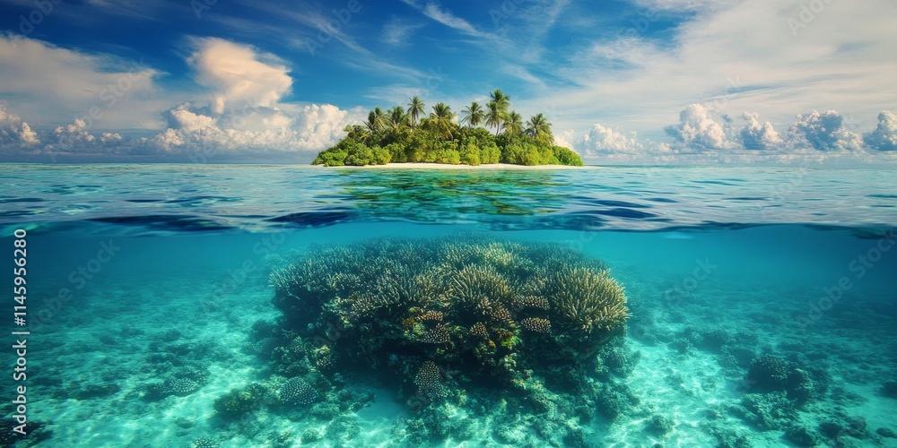 Fototapeta premium Stunning underwater scene showcasing a solitary small island both above and below the water surface in vibrant turquoise waters of a tropical ocean. Experience the beauty of this mesmerizing island.