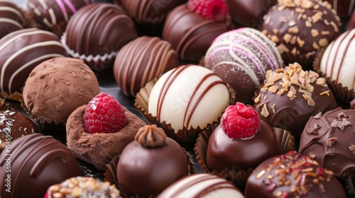 Assorted chocolate truffles with raspberries