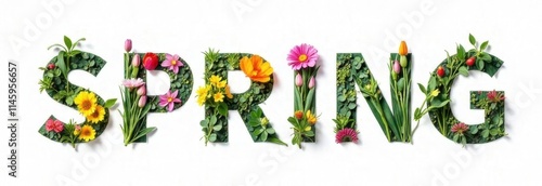 the word spring with a colorful image of nature inside the letters on a white background, the concept of the revival of nature, spring, spring mood