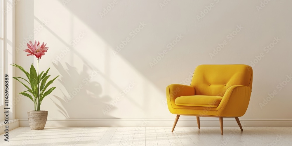 Armchair paired with a flower in a pot creates a vibrant atmosphere in a bright room, enhancing the inviting feel of the space with the charm of both the armchair and the flower. Armchair paired with a flower in a pot creates a vibrant atmosphere in a bright room, enhancing the inviting feel of the space with the charm of both the armchair and the flower.