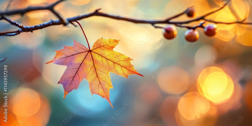 Closeup of an autumn colored maple leaf resting gently over blurred branches, highlighting the vibrant hues of the autumn colored maple leaf against a soft backdrop. Closeup of an autumn colored maple leaf resting gently over blurred branches, highlighting the vibrant hues of the autumn colored maple leaf against a soft backdrop.