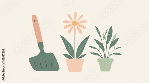 Potted plants and gardening trowel illustration.