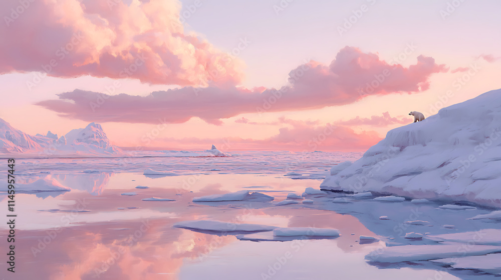 Fototapeta premium Polar Bear at Sunset: A majestic polar bear stands on a snow-covered iceberg, silhouetted against a breathtaking sunset reflecting in the icy water. Serene beauty of Arctic landscape. 