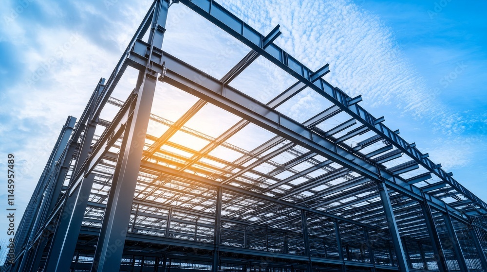 Steel structure roof truss frame and steel structure mezzanine floor are being constructed under a clear blue sky, showcasing the elegance and strength of steel structure architecture. Steel structure roof truss frame and steel structure mezzanine floor are being constructed under a clear blue sky, showcasing the elegance and strength of steel structure architecture.