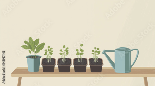 Seedlings in pots with watering can on a wooden table.