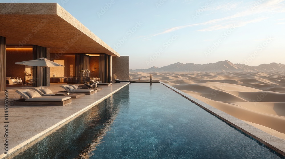 Fototapeta premium Desert luxury villa with infinity pool overlooking sand dunes.