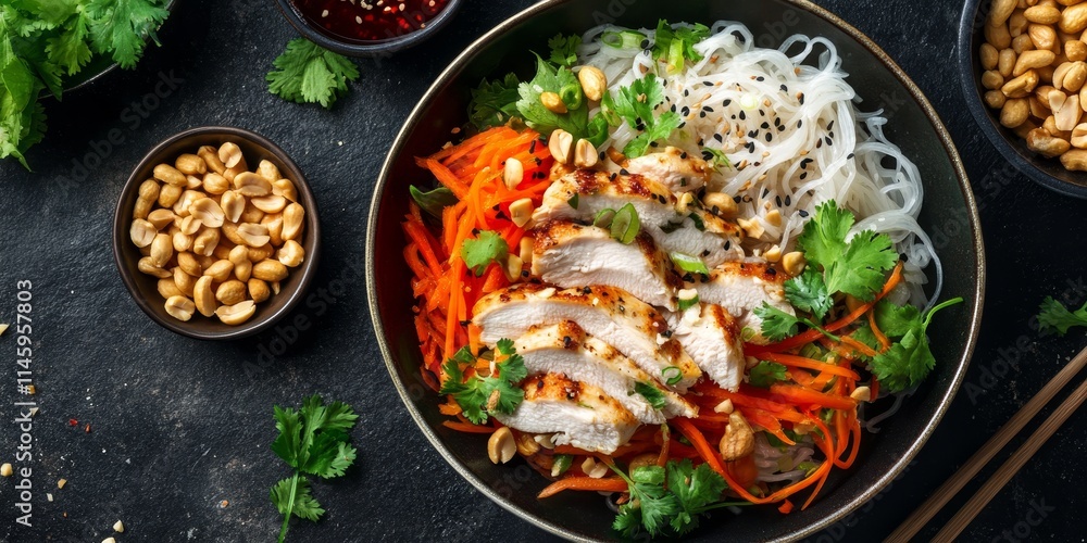 Delicious Asian cuisine features a vibrant chicken salad paired with rice noodles, crunchy carrots, and savory peanuts, creating a delightful harmony of flavors in Asian cuisine. Delicious Asian cuisine features a vibrant chicken salad paired with rice noodles, crunchy carrots, and savory peanuts, creating a delightful harmony of flavors in Asian cuisine.