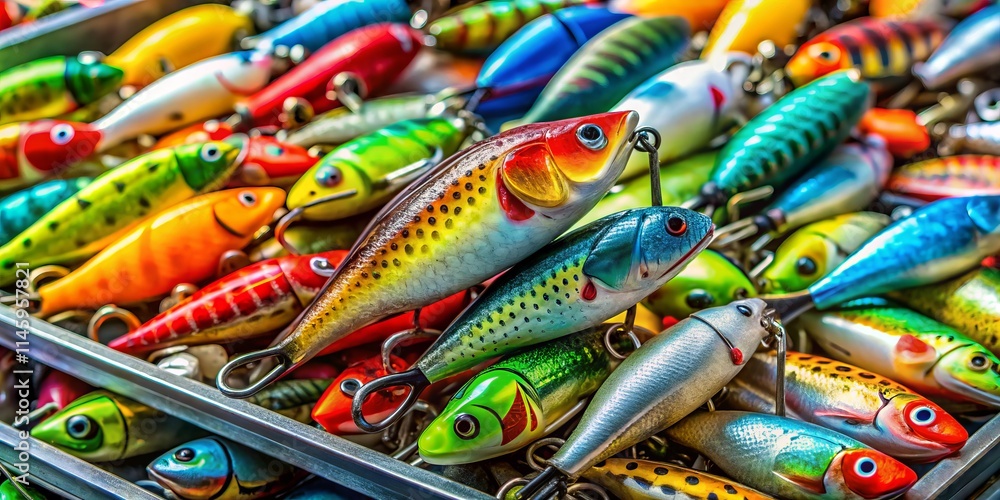 Fototapeta premium Close-Up of Vibrant Fishing Lures in Tackle Box - Angler's Dream Collection