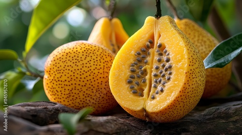 Abiu, a stunning fruit known for its unique flavor and appearance, embodies beauty and taste. This delightful fruit captivates with its vibrant color and sweet essence, making it a true gem. photo