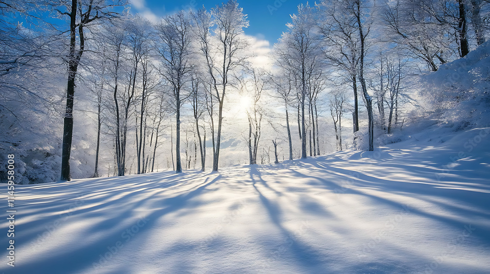Naklejka premium Sunlit Winter Forest Path: A serene, snowy forest path stretches into the distance, bathed in the golden glow of the winter sun. The trees stand tall and proud.